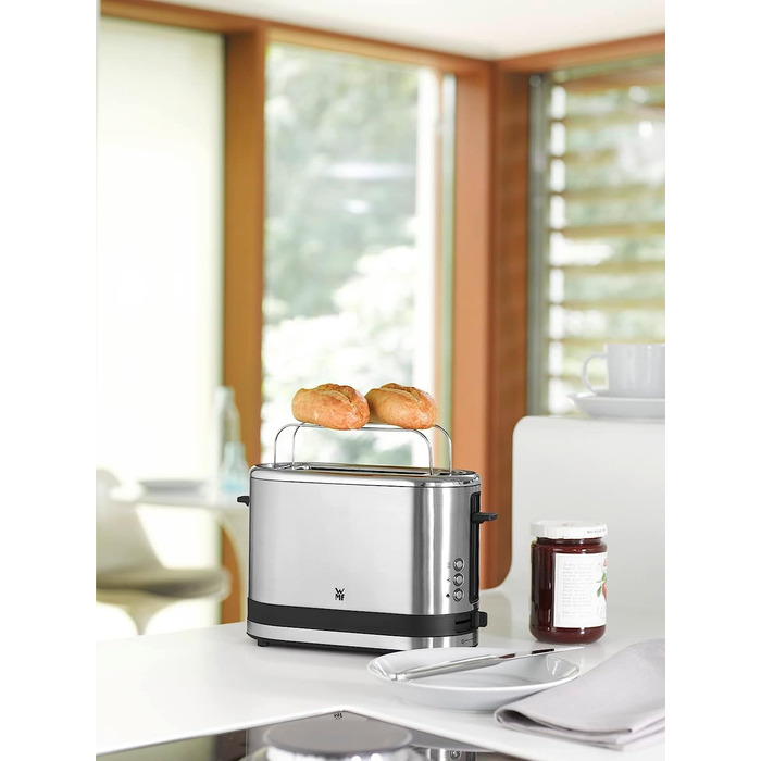 WMF Kitchen Mini 1-Slice Toaster, Long Slot XXl-Toast, Mini Toaster with Roll Attachment, 7 Browning Levels, Overheat Protection, 600W, Matte Stainless Steel, Single