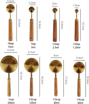 Measuring cups and spoons with wooden handles, 8-piece set, coffee bar scale, kitchen accessories (Gold)