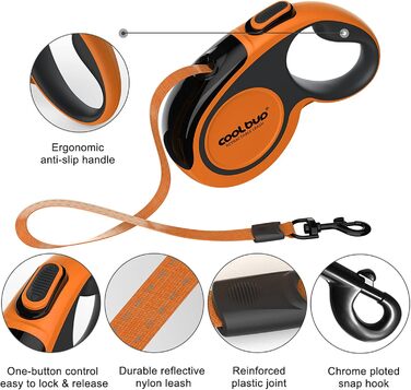 Висувна поводок для собак, 4.6 м, для собак малих, середніх та великих порід (до 110 кг), міцний, з гальмом в один клік, зелений (Medium, помаранчевий/червоний у вигляді зигзагів)