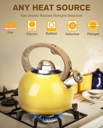 Чайник Teekessel 2.1 л з плитою, чайник з нержавіючої сталі з дерев'ястим малюнком, складаний ручка, підходить для всіх типів плит (Слонова кістка) (Жовтий)