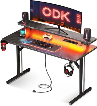 Small LED Gaming Desk with Power Outlets - Carbon Fiber PC Gamer Table 80cm/100cm