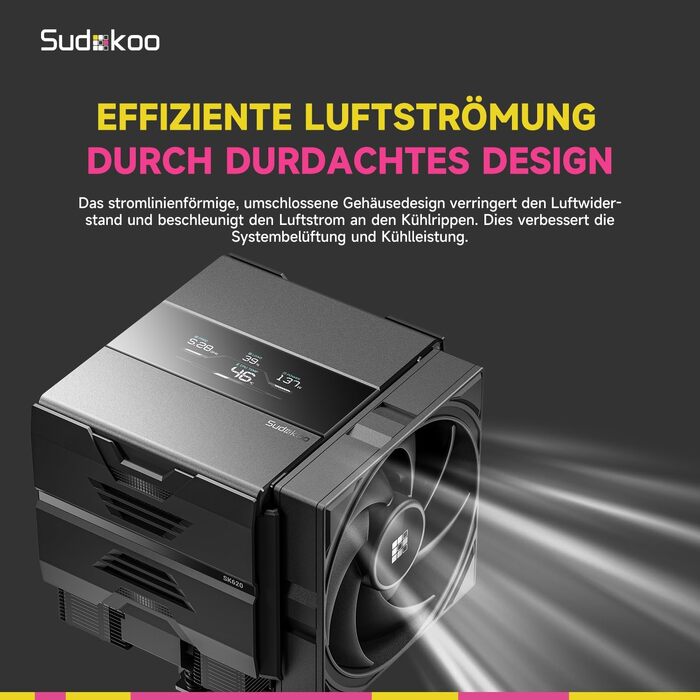 Кулер для процесора Sudokoo SK620V AM5: двосекційний башта (Dual Tower) з цифровим дисплеєм, 6 тепловими трубками та 2 PWM FDB вентиляторами 120мм