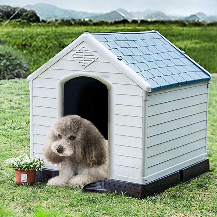 Будка для собак COSTWAY, пластикова хатинка для собак з піднятим дном та водонепроникним дахом, хатинка для домашніх тварин, для саду, приміщень та вулиці, блакитно-біла (70x65x71,5 см)