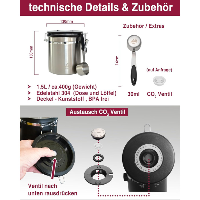 Контейнер для кави Kaffeedose 500г, нержавіюча сталь, 1,5л з дозатором та календарем, срібний