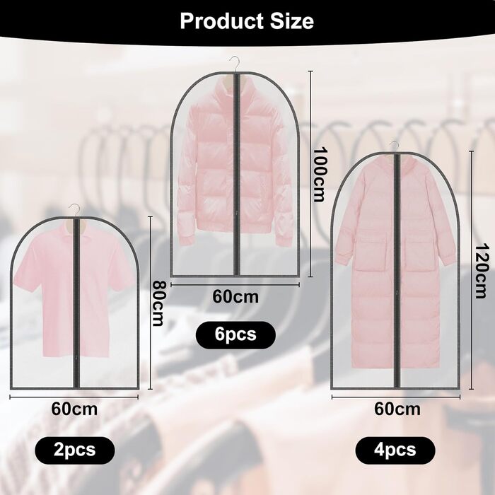 12 містких мішечків для одягу з блискавкою, прозорі чохли для одягу, захисні мішечки від пилу для костюмів, суконь, пальто, курток. Організація зберігання одягу