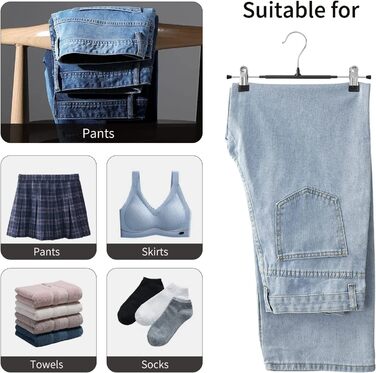 10 шт. металеві вішалки для штанів з кліпсами, 30 см, антиковзаючі, хром, для штанів, шкарпеток, спідниць, міцні, економія місця, чорні (10 шт.)