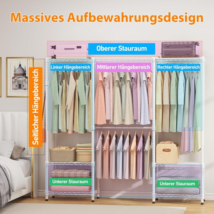 Тeleskopна штанга Himimi для одягу з 4 перекладинами та 6 регульованими полицями, 1 гачок, телескопічна система полиць B (175-230) x H180 см, адаптована для різних приміщень (білий)