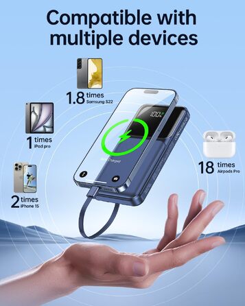 Повербанк 20000 mAh з вбудованим кабелем, швидка зарядка 22.5W, LED-дисплей, USB-C, зовнішній акумулятор для iPhone та Samsung, синій