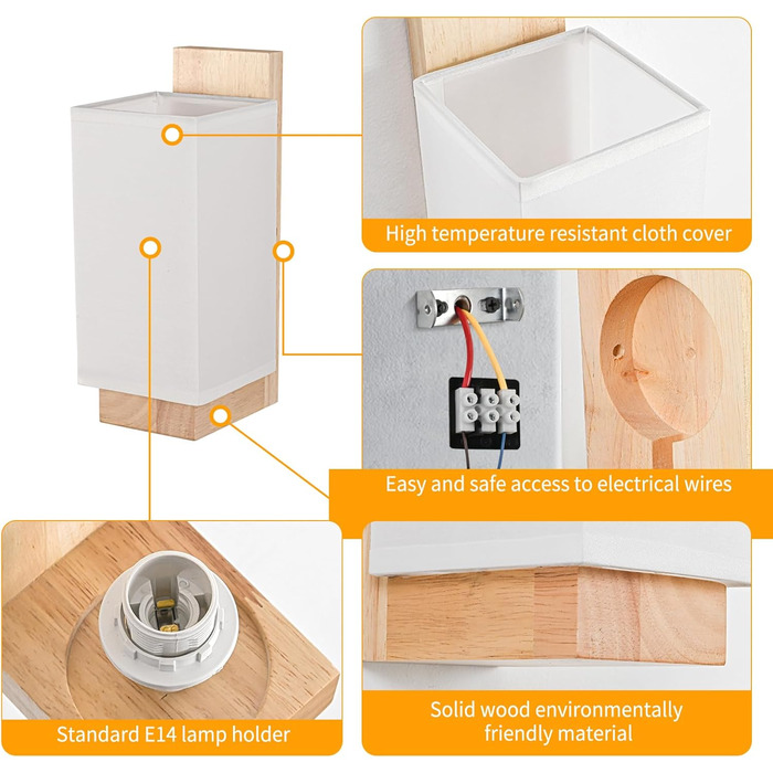 Настінний світильник Gleonlux з дерева, вінтажний стиль, E14, тканинний, для дому, індустріальний, для сходищ, вітальні, спальні, коридору, квадратний (10x12x25)