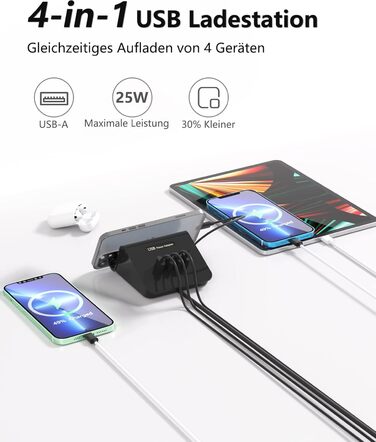 Багатопортова USB зарядка POANES 25W, 4 порти для iPhone, Samsung, LG, Huawei та інших (чорний)