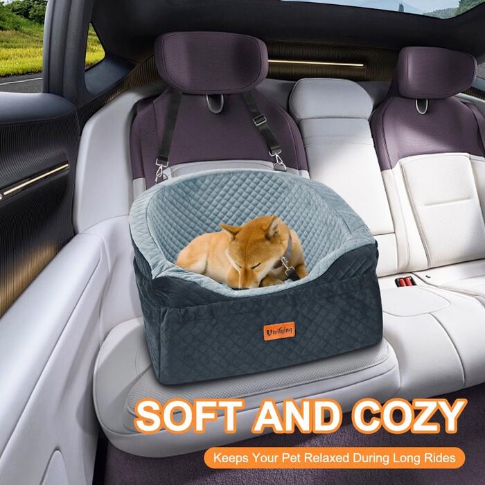 Elevated Dog Car Seat - Small & Medium Dogs (Up to 13.6KG) - Washable, Travel Bed with Storage & Safety Belt (Black & Grey)