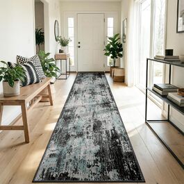 Килимок-доріжка 60 x 180 см, неслизький, з коротким ворсом, для кухні, миється, складається, абстрактний дизайн, синьо-чорний колір, підходить для входу, кухні, вітальні та офісу