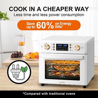 Аерофритюрниця LLIVEKIT 26 л, міні-піч з конвекцією, 14-в-1, 360° циркуляція повітря, швидке та здорове приготування з низьким вмістом жиру, енергозбереження 60%, 1700 Вт, кремова, 8 аксесуарів, книга рецептів
