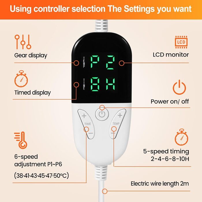 Електрична грілка з таймером 160x130 см | 6 температурних режимів, пульт керування, прання до 40°C, сірий колір