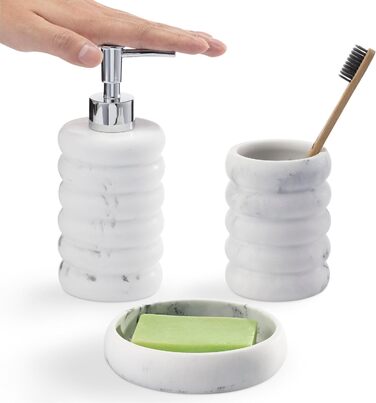 Набір для ванної кімнати Navaris: дозатор мила, стакан для зубної пасти, 3 предмети. Аксесуари для ванної кімнати з штучного каменю (білий)