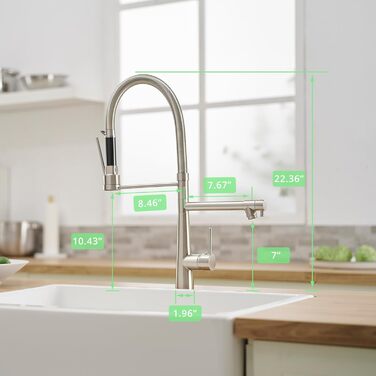 LED кухонний змішувач зі спіральною пружиною, 360° обертання, двотрубний, висувний, для кухні, з душем, високий тиск, нікель, LED, матовий нікель