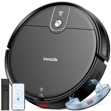 Робот-пилосос VersLife L6 з функцією миття, 4000Pa, керування через додаток, Alexa, до 120 хвилин роботи, ультратонкий дизайн, для шерсті тварин, килимів та твердих підлог, чорний