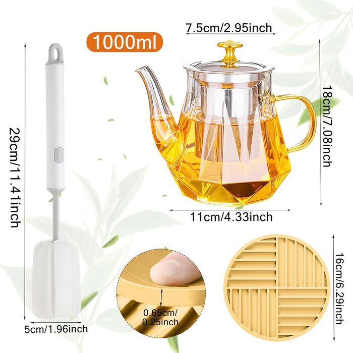 Скляний чайник Teekanne з ситом для листового та розквітлого чаю, 1000 мл, термостійке скло з щіткою для чищення, підходить для плити