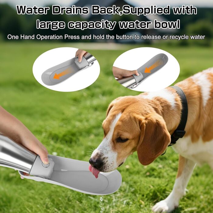 Водяна пляшка для собак на прогулянці 750 мл - витоки неможливі, нержавіюча сталь, подвійні стінки, ізольована, сірий колір