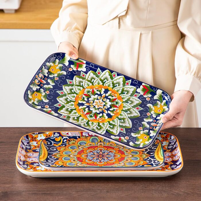 Vancasso Porcelain Serving Platter Set, SIMI Series Rectangular Plates Set, Bohemian Dinner Plates, Cake Plates, Dessert Plates, Breakfast Plates, 3 Sizes Serving Platters