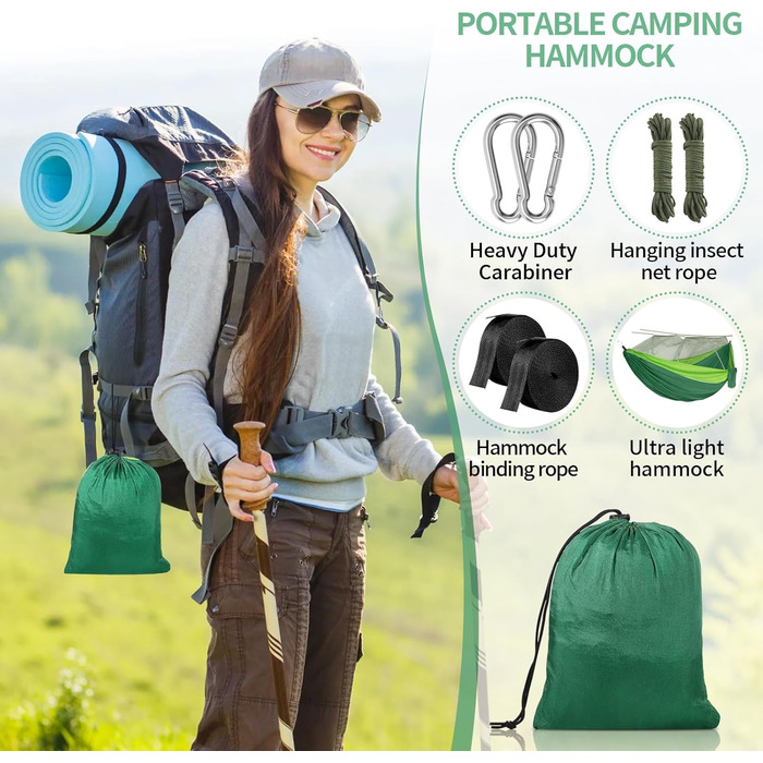 Гамак CIRULLI з москітною сіткою 260x140 см, вантажопідйомність 300 кг, парашутний нейлон, для кемпінгу, саду