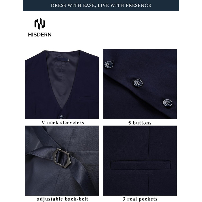 Чоловіча жилетка HISDERN для весілля та свят, бавовна, однотонна, темно-синя