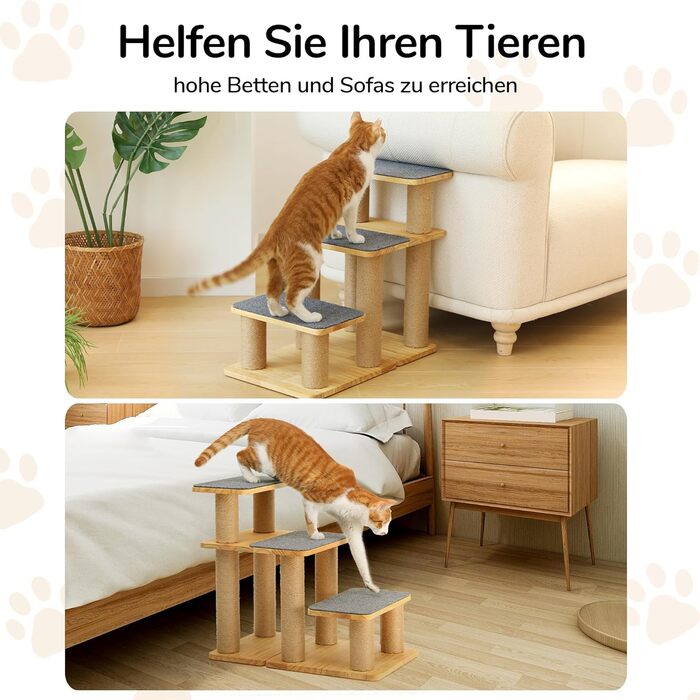 Сходинки для собак FUKUMARU, 3 сходинки, з натурального дерева та джуту, регульована висота 18-51 см, вантажопідйомність до 90 кг, знімний м'який килимок, 6 варіантів комбінації кольорів, підходить для котів та собак