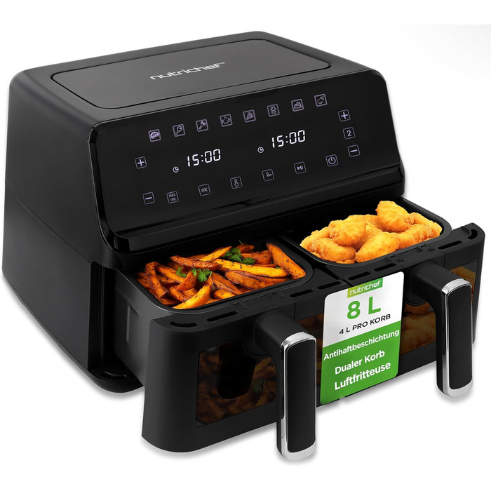 Фритюрниця NutriChef з гарячим повітрям, XXL 8л, подвійна камера, вікно, max 360°C, 9 програм, антипригарне покриття, придатна для миття в посудомийній машині, приготування без жиру, фритюрниця, гриль, духовка, 1700W, 8л, чорний