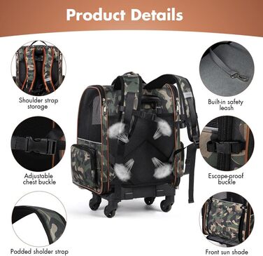 Рюкзак-переноска для котів та собак з візком 2-в-1, розширюваний, до 8 кг, камуфляж L