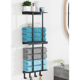 Чорний триярусний тримач для рушників з металевою полицею та 4 гачками, 86 см