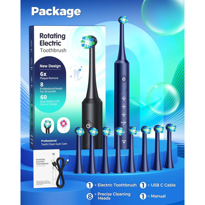 Електрична зубна щітка Rotierende для дорослих з 8 насадками, 4 режими чищення, 60 днів роботи, Smart-таймер 2 хв - професійна електрична зубна щітка (синя)