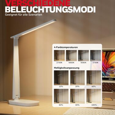 Лампа настільна Honeywell Sunturalux™ H2 LED з регулюванням яскравості, USB-зарядка, сенсорне керування, 4 кольори, захист очей, для дітей, спальні, читання, офісу