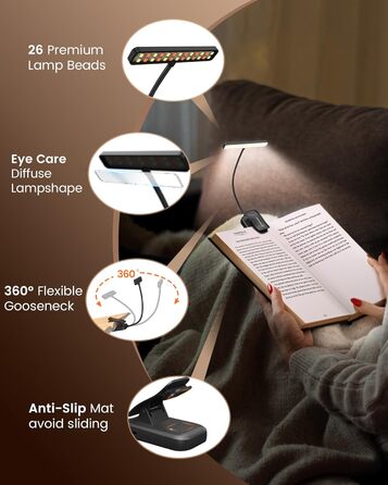 Світлодіодна лампа для читання Glocusent з кріпленням на книгу, 26 LED, 5 температур кольору, регулювання яскравості, USB-C, 360° гнучкість, чорний колір