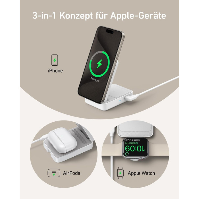 Anker MagGo 3-в-1 Бездротова Зарядна Станція Qi2 15W, Сумісна з MagSafe, для iPhone 17/16/15/14, Apple Watch 9, AirPods (з USB-C адаптером 40W) - Біла