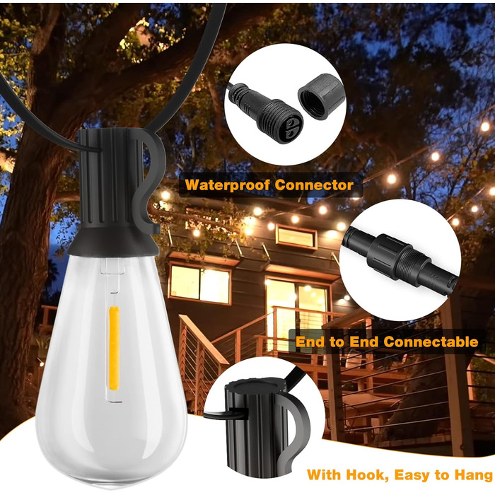 Льорочка з 50+2 LED-лампочками, 30 метрів, IP45, тепле світло, для саду, тераси, святкування, з пультом керування