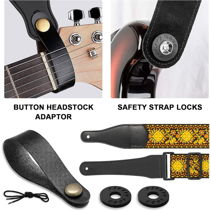 Гітарний ремінь Jacquard з бавовни з шкіряними кінцями для бас-гітари, акустичної та електрогітари, жовтий