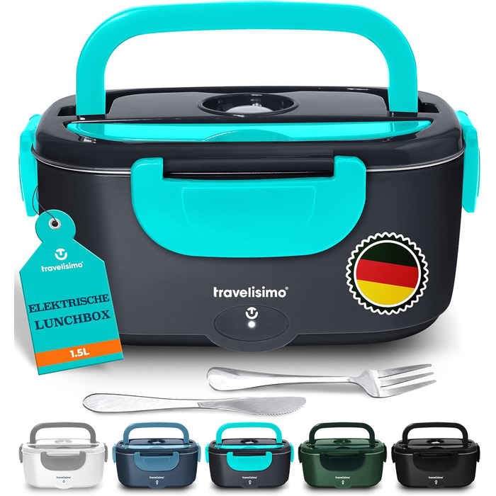 TRAVELISIMO Electric Lunch Box 80W Thermo Lunch Box for Hot Food, 1.5L Heat Box 3-in-1 Food Warmer, Food Warming Box for 12V/24V/220V, for Work, Car, Truck Lunchbox Electric, Heat Box