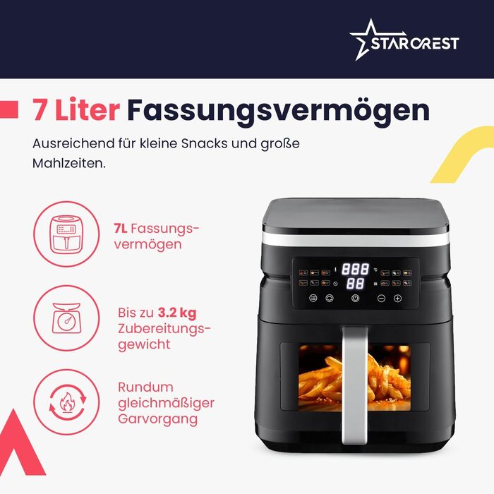 Фритюрниця повітряна STARCREST 7л, 2000W, 12 програм, підігрів, чорна