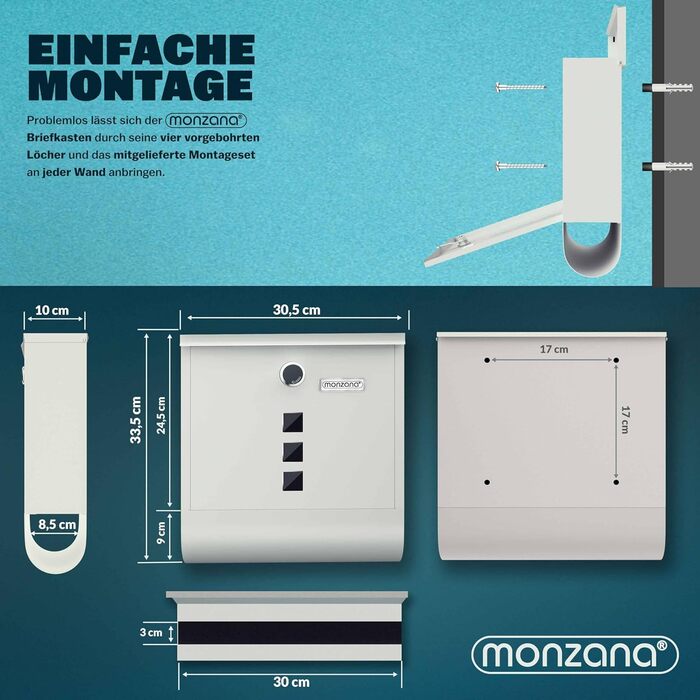 Поштовий ящик Monzana Kreuzschloss з мідним циліндром, поворотна кришка 31x10x34 см, вікно, табличка для імені, відділ для газет, сталь, 2 ключі, чорно-срібний (білий)