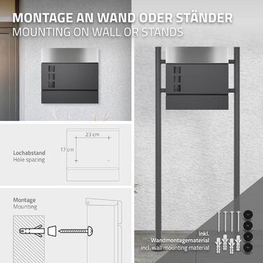 Поштова скринька настінна ECD Germany з газетницею, антрацит/срібло, 37x10.5x36.5 см, нержавіюча сталь, вікно огляду, 2 ключі, кріплення. Сучасний дизайн.