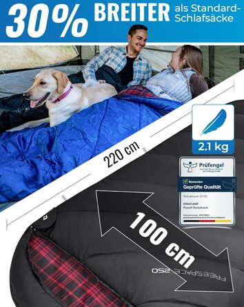 Сплячий мішок KingCamp XXL з бавовни фланелі для дорослих, великого розміру, теплий, зимовий, для кемпінгу, подорожей та активностей на відкритому повітрі, 4-сезонний, 220x100 см, класичний чорний