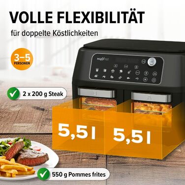 MAXXMEE Аерофритюрниця з подвійною камерою 11 л, цифрова, 2 відсіки по 5,5 л, гриль, духовка, фритюрниця з оглядовим вікном