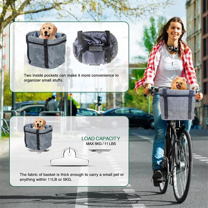 Складаний водовідштовхуючий кошик на кермо велосипеда, знімний, алюмінієвий каркас, для собак та котів, для походів, пікніків, покупок (Чорний) (Сірий A)