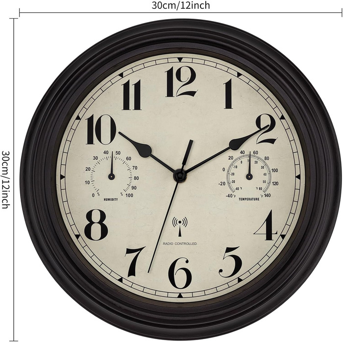Foxtop Funk Wall Clock, Indoor Outdoor Weatherproof Wall Clock with Temperature Display and Hygrometer, No Ticking Sounds Silent Retro Clock for Terrace Bathroom Kitchen Living Room Home Decor (Bronze, 30cm)