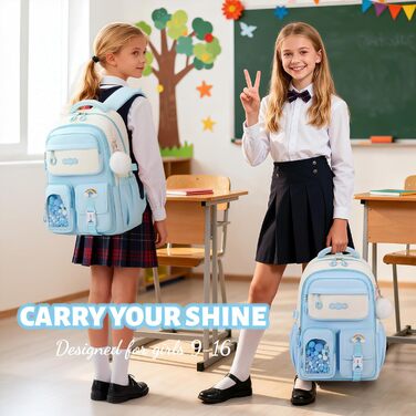 Шкільний рюкзак для дівчаток-підлітків з помпоном, тролейова петля та світловідбивачі. Великий рюкзак для школи та подорожей (блакитний).