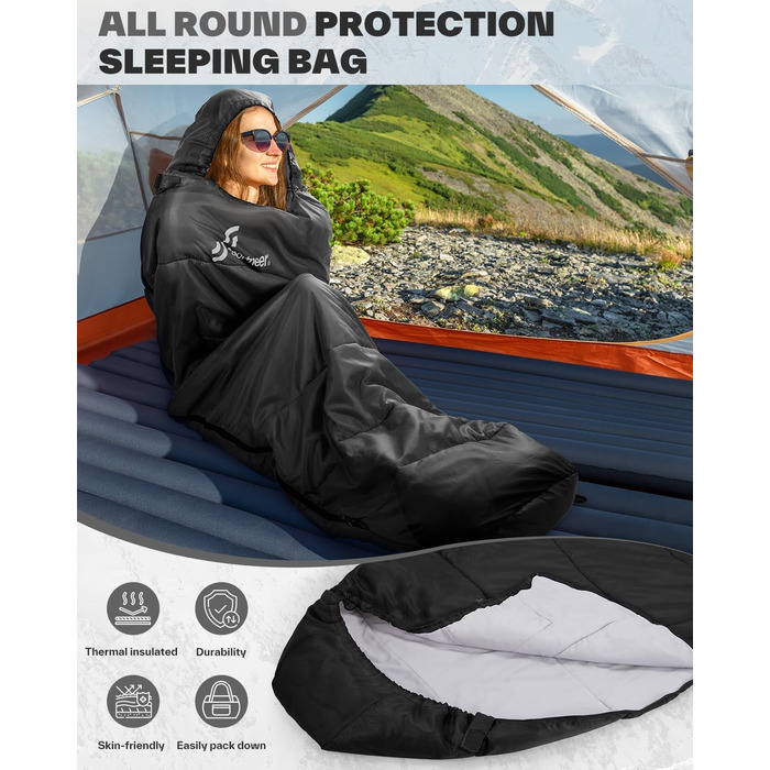 Сплячий мішок Sportneer - компактний та ультралегкий (950г/1500г) - кокон для кемпінгу та подорожей. 3-4 сезонний спальний мішок для чоловіків, жінок та дорослих. Чорний колір.