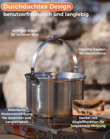 Набір посуду для кемпінгу KingCamp з кошиком, нержавіюча сталь, антипригарне покриття, 4-х частинний набір + чайник