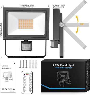 MEIKEE 15W LED Floodlight with Motion Sensor, Remote Control, 2700K Warm White, 150-1200 LM, Outdoor Floodlight LED, IP66 Waterproof Spotlight, Outdoor Light for Garden, Garage, Sports Field, 2PCS (35 Watt)