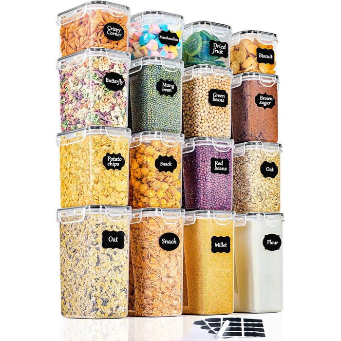 Набір контейнерів для зберігання GoMaihe (16 шт.) - чорний. Контейнери для продуктів з кришкою, герметичні, з пластику. Органайзер для кухні, для круп, борошна, цукру.