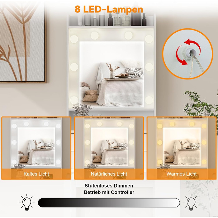 Туалетний столик YOURLITE з LED-підсвіткою, дзеркалом і розеткою, скляною стільницею та шухлядами, регульованою яскравістю, боковою шафкою і тримачем для фена, білий